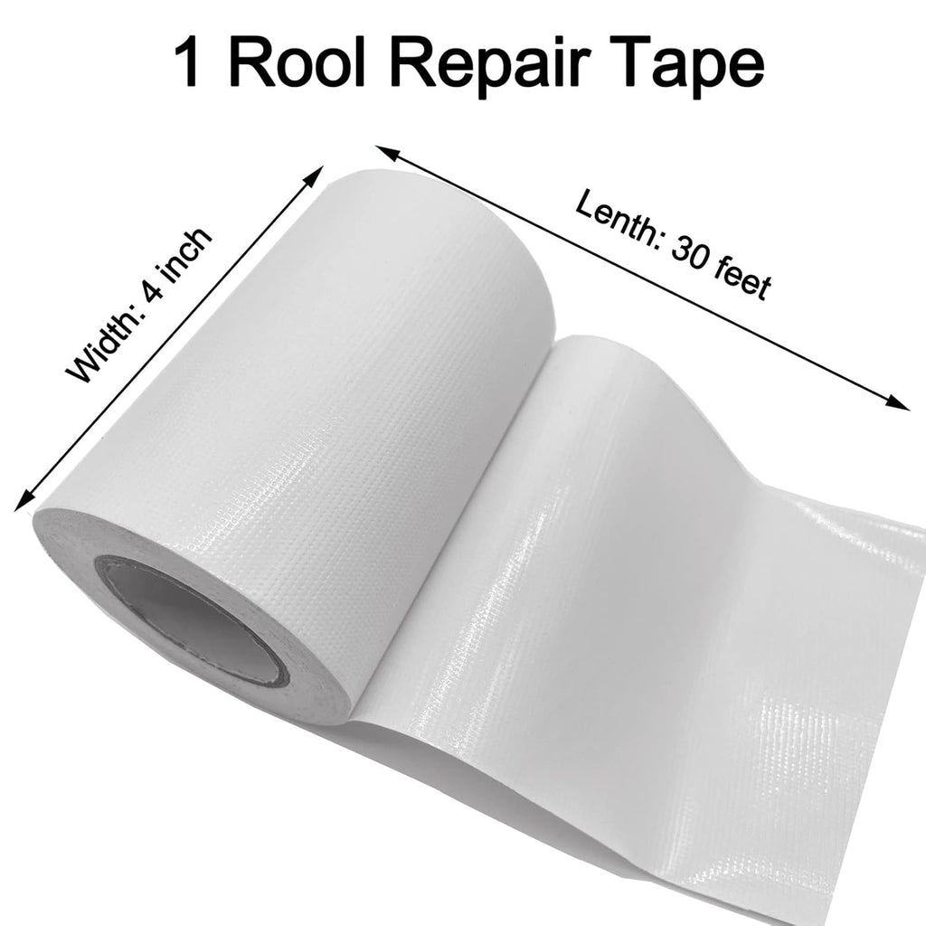 White Repair Tape - 4 Inch x 30 Feet | Strong Adhesive Waterproof Tarp Repair for RVs, Tents & Boats