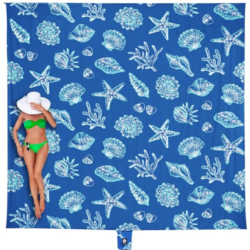 Oversized Waterproof Sandproof Beach Blanket with Stakes & Pockets - Blue Sea Shells, 9x8 ft