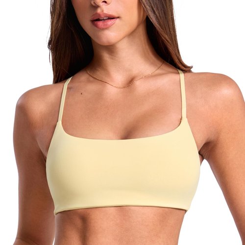 INGIA Women's Low Scoop Neck Sports Bra Spaghetti Criss Cross Strap Padded Workout Yoga Bra Crop Top Butter Small