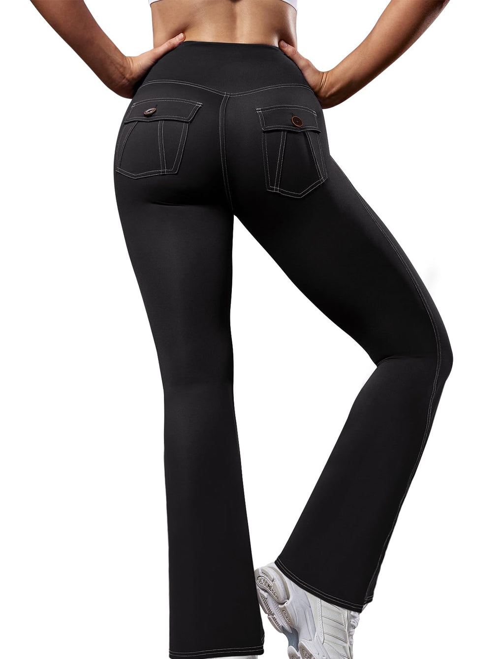 SEASUM Cargo Yoga Flare Leggings for Women Flap Pockets Butt Lifting Workout Gym Contrast Stitching Bootcut Casual Pants Imitation Jeans Black XL