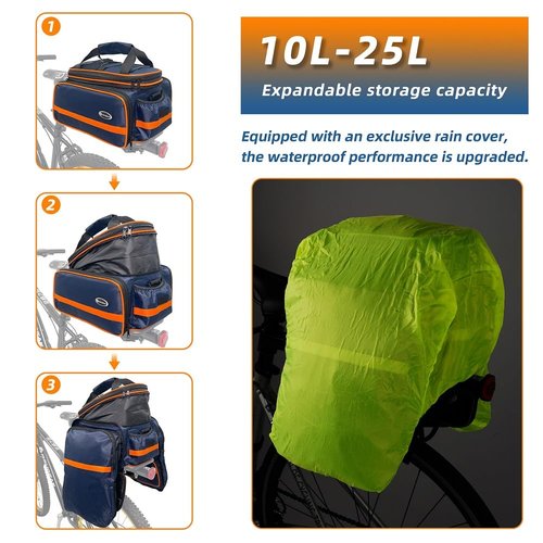 reygeak Bike Rack Bag, 25L Multi-functional Polyester Saddle Trunk Shoulder Panniers for Bicycle, Black Large Capacity Extensible Luggage for Adults, with Rainproof Cover (Blue Orange)