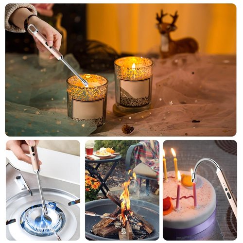 SUPRUS Rechargeable USB Arc Electric Lighetrs with Safety Switch 360° Flexible Neck Flameless Grill Long Lighters for Candle Camping Cooking (Champagne Gold, 2Packs)