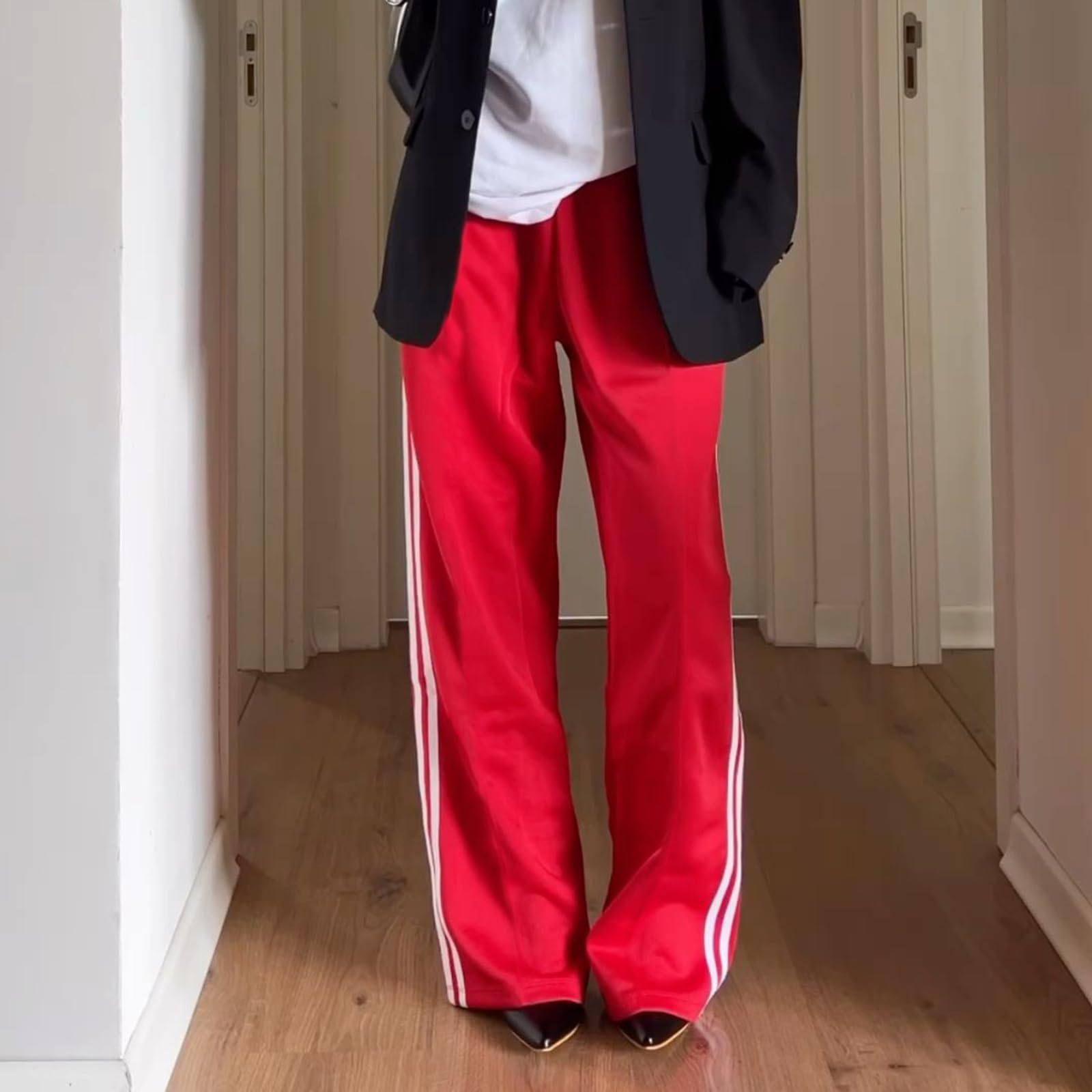 Women Side Striped Track Pants Y2k Drawstring Waist Wide Leg Cargo Sweatpants Casual Loose Jogger Lounge Pants(Basic Red,Large)