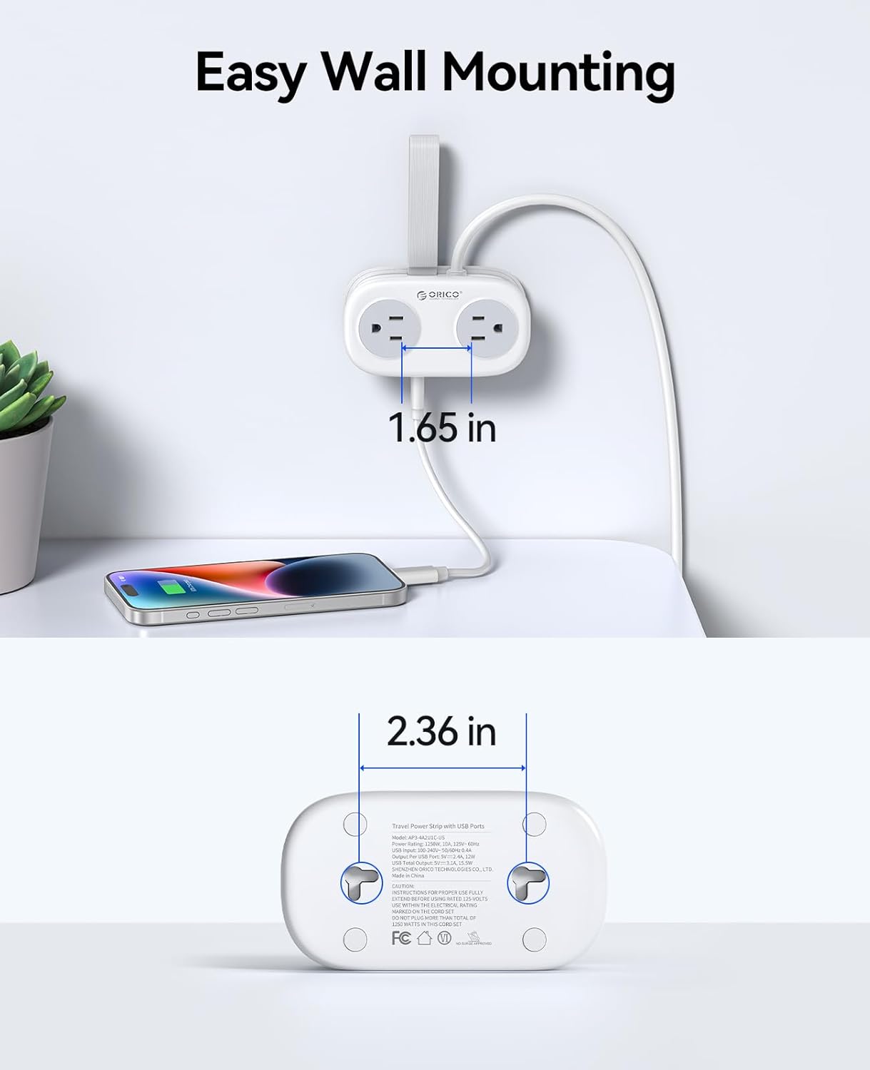 ORICO Travel Power Strip - 4 Outlets & 3 USB Ports (1 USB-C) | Compact 4FT Extension Cord for Hotels & Cruises