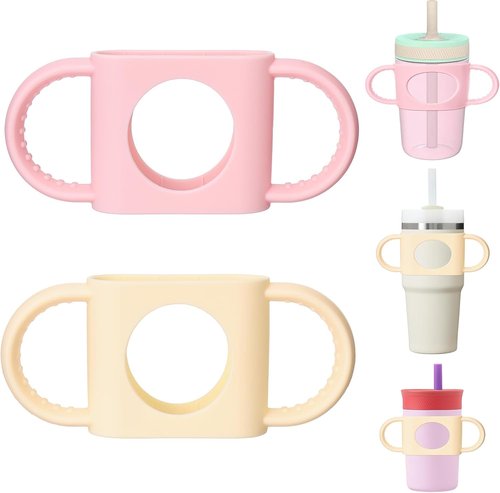 Mity Rain Cup Grip - Silicone Dual-Handle for Owala, Zak & Stanley Toddler Cups | Beige & Pink