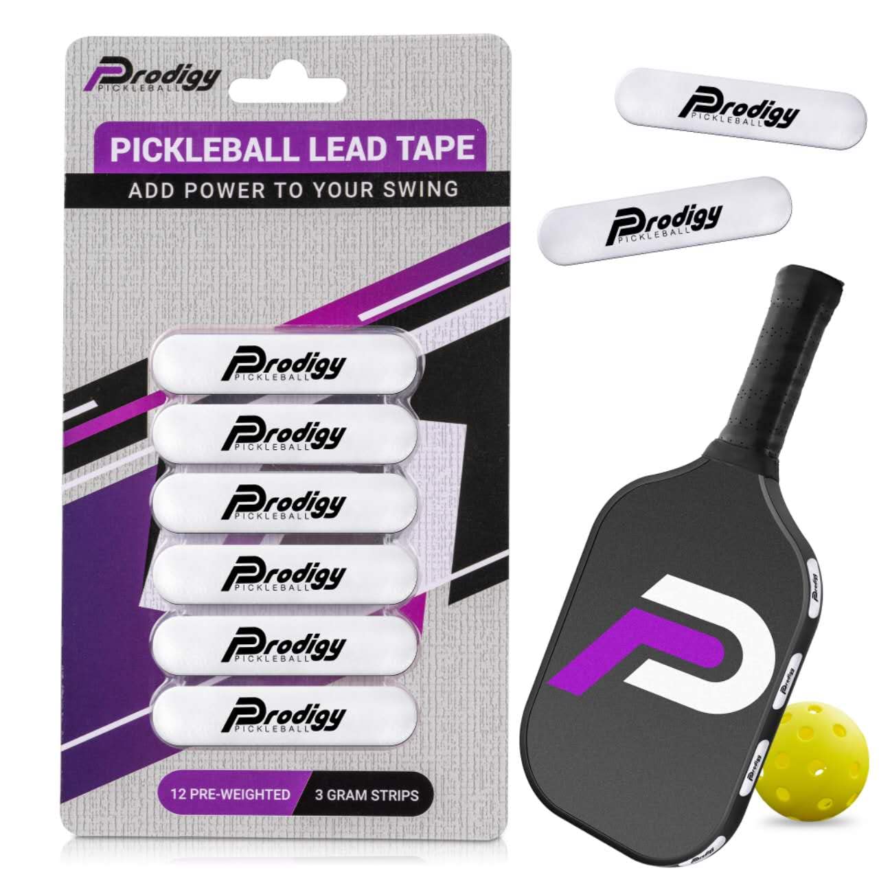 Prodigy Pickleball Lead Tape - 12pcs Easy Application to Improve Your Power & Accuracy - Pre Cut 3g Tape Strips to Give You a Larger Sweet Spot