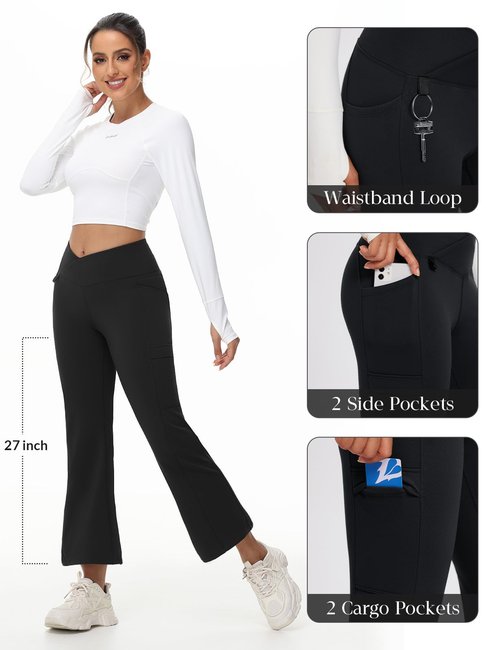baleaf Women's 27" Fleece Lined Pants Water Resistant Crossover Flare Leggings Bootcut Hiking Thermal Winter Outdoor Black L