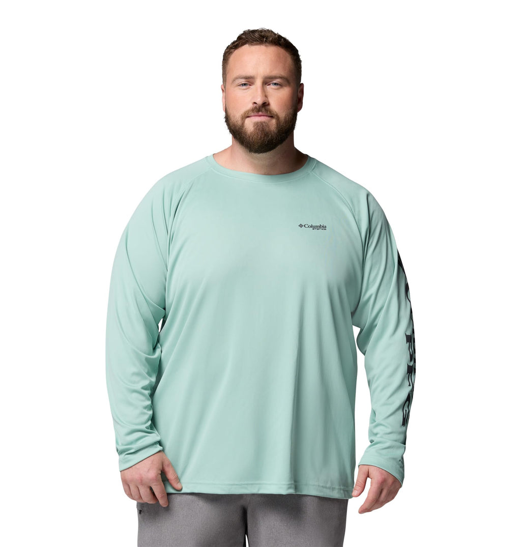 Columbia Men's PFG Terminal Tackle Long Sleeve Fishing Shirt, Misty Jade/Shark Logo, 3X