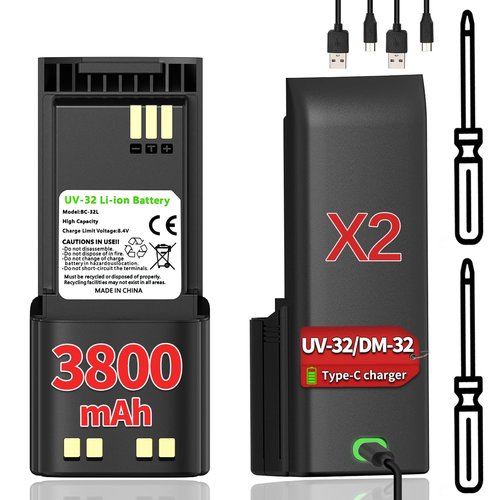 BAOFENG DM32 Battery 3800mAh USB-C Charging Extended High Capacity Rechargeable Li-ion Battery with USB-C Charging Cable Compatible DM-32 UV32 Walkie Talkie Battery Accessories(2Pack)