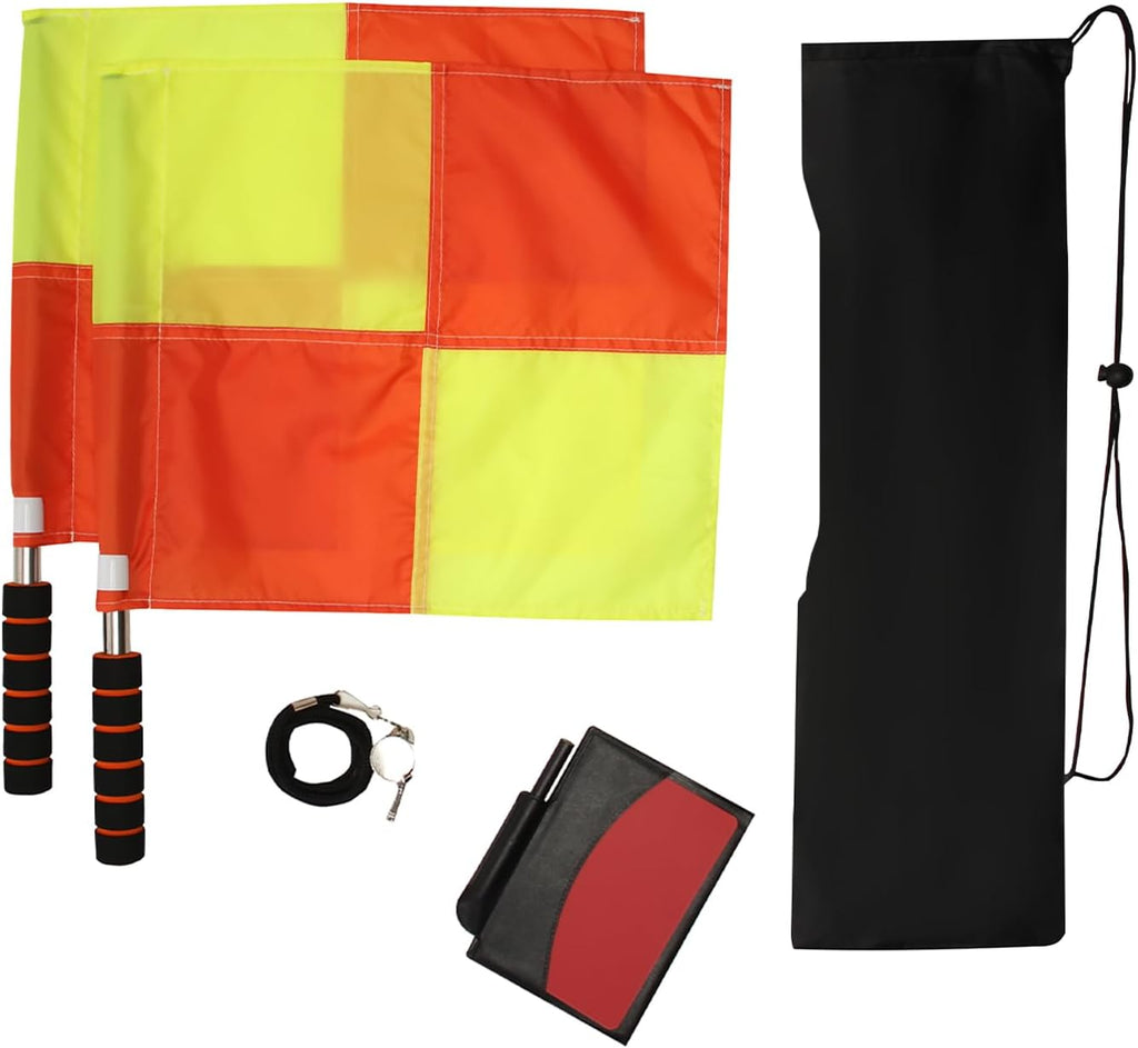 Redgino Soccer Referee Kit - 2 Pcs Checkered Linesman Flags, Red & Yellow Cards, Whistles & Storage Bag