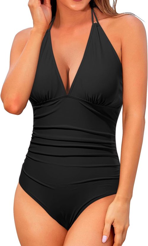 Holipick One Piece Swimsuit - Tummy Control Halter Bathing Suit with Sexy Plunge V Neck