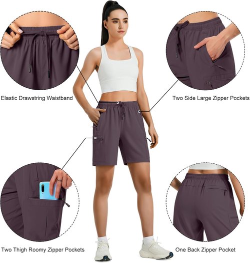 Hugut Women's Lightweight Hiking Cargo Shorts - Quick Dry, Water Resistant with Zipper Pockets | Ideal for Camping & Travel