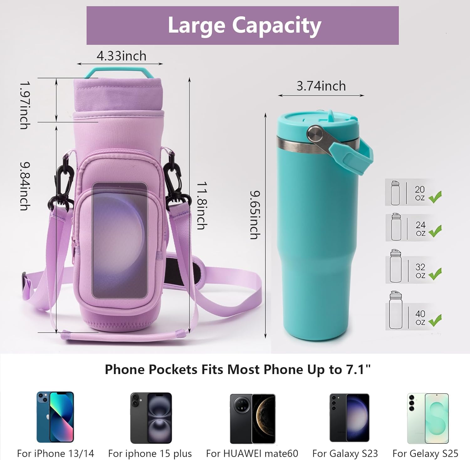 Skiennix Water Bottle Carrier Bag - Adjustable Holder with Straps & Phone Pockets for Stanley Owala 16/24/32/40oz