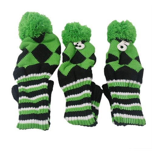 HIFROM 3pcs/Set Golf Club Argyle Knit Head Covers Headcovers Vintange Pom Pom Sock Covers 1-3-5 Replacement for Driver & Woods Green & Black