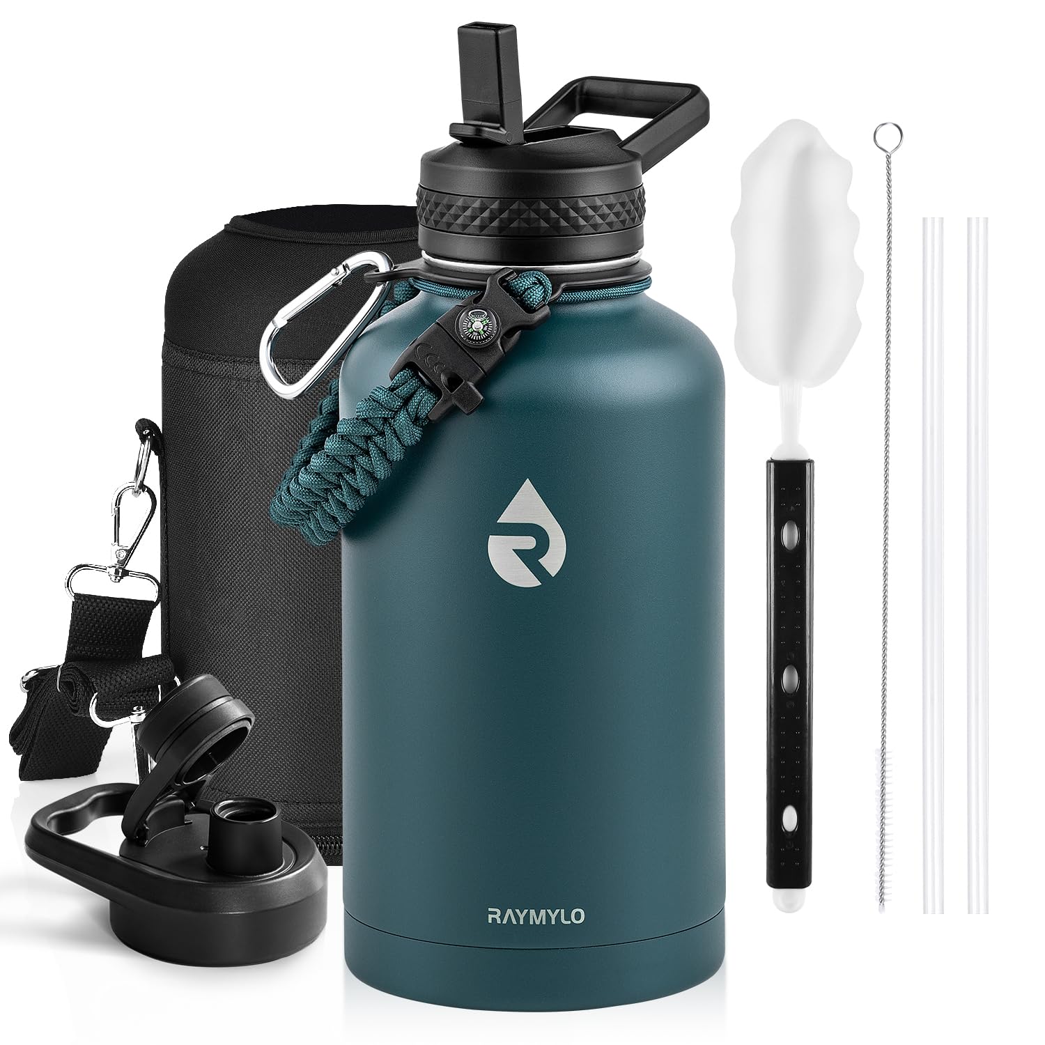 RAYMYLO Insulated Water Bottle 64 oz, Triple Wall Vacuum Stainless Steel (Cold for 48 Hrs), Leak Proof & Non-BPA, Half Gallon Water Flask Jug with Paracord Handle & Straw Spout Lids, Dark Green