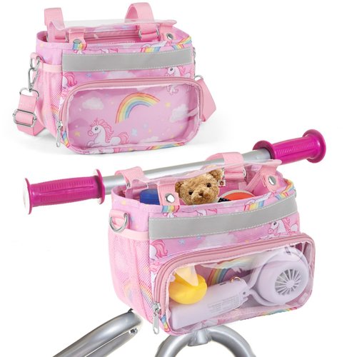 Kids Bike Scooter Front Mount Bike Basket, Pink Cute Fabric Children's Bike Rack Basket Handlebar Bag, with Adjustable Shoulder, with Reflective Safety Straps, for Bicycle Accessories Fit Most Girls