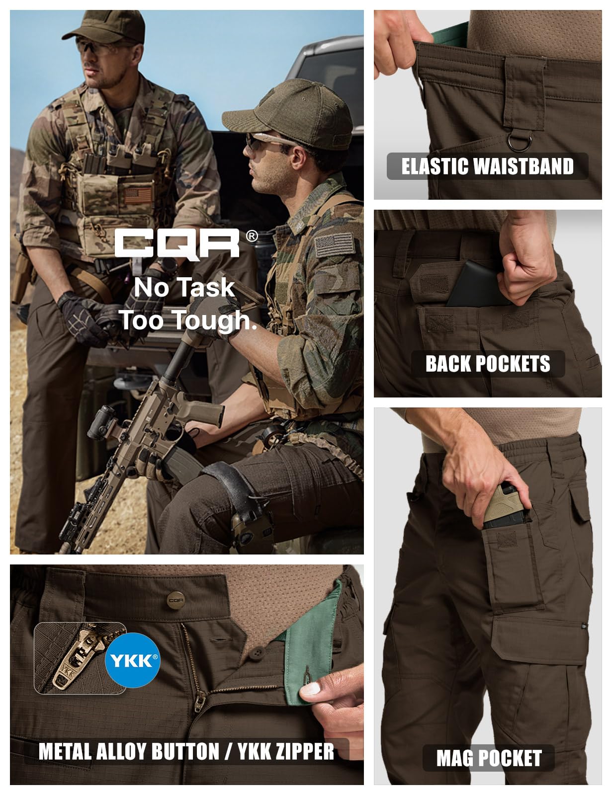CQR Men's Tactical Pants, Water Resistant Ripstop Cargo Pants, Lightweight EDC Work Hiking Pants, Outdoor Apparel, Duratex Mag Pocket Dark Brown, 32W x 34L