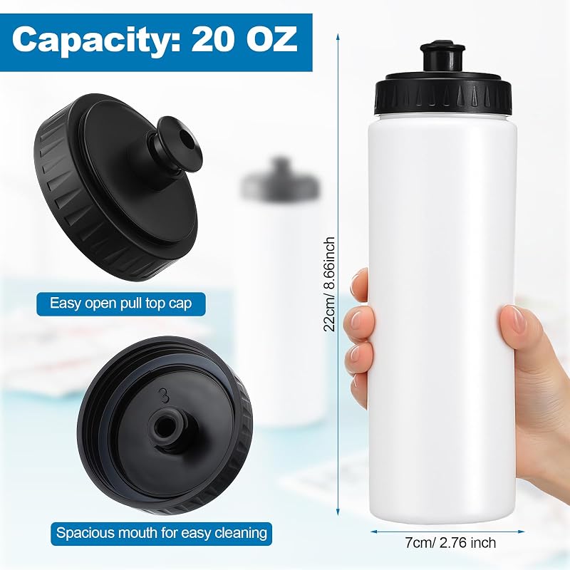 20oz LemonRoad Squeeze Water Bottles – 12 Pack with Pull Top Lid, Dishwasher Safe, White Variation