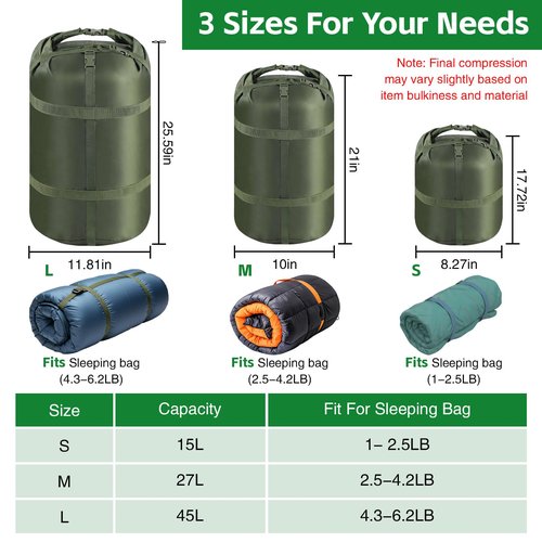 NewShot Compression Stuff Sack, Ultralight Portable Sleeping Bag Compression Sack, 15L/27L/45L Sleeping Bag Stuff Sack, Space-Saving Storage Sack for Backpacking, Camping, Hiking, Travel -M