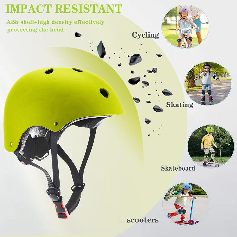 Kids Adjustable Helmet with Knee Elbow Pads & Wrist Guards - Green, Medium (20.47"-22.83" head) for Ages 8-14 - FOOKCIAN