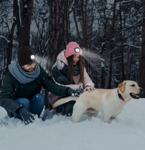 MELASA Fleece Lined LED Beanie with The Light for Men Women, Warm Stocking Hat with Light Built in, USB Rechargeable Hand Free Headlamp Beanie, Gifts for Dad Husband Fluorescent Yellow