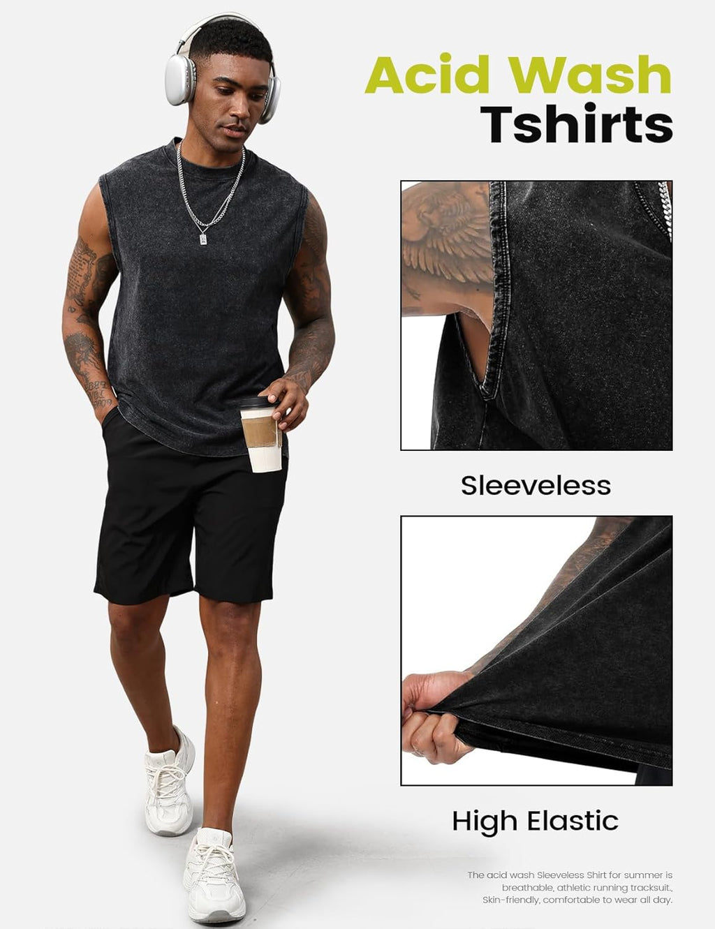 Yimoon Men's Tank Tops - Acid Wash Cotton Sleeveless Workout Shirts | Loose Fit Gym Tees