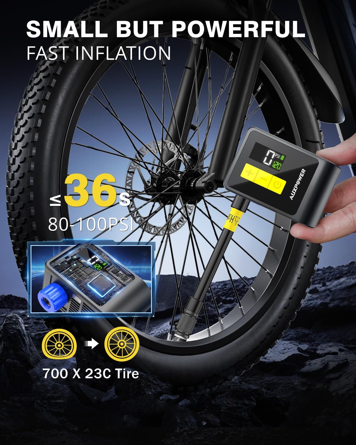 Auxpower BL03 Electric Bicycle Pump - 120PSI with Pressure Gauge, Auto Stop, Presta & Schrader Valves | Ideal for Road, Mountain, E-Bikes & Sports Balls
