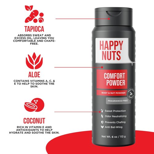 HAPPY NUTS Comfort Powder Deodorant for Men - Aluminum-Free, Anti-Chafing, 6 oz | Fragrance-Free