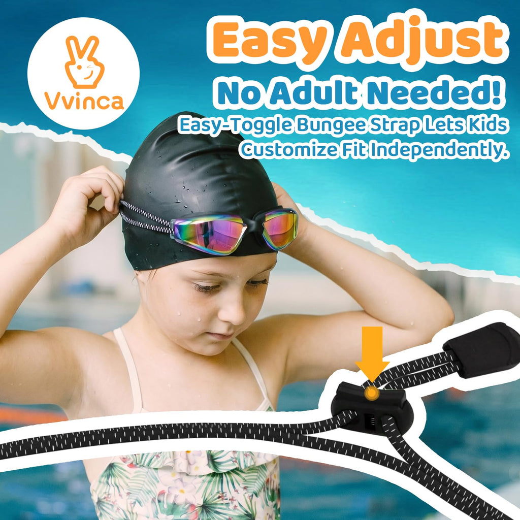 Vvinca Goggles for Kids 6-14 with Bungee Strap 2pc, Toddler Kids Swim Goggles for Swimming 8-12 No Hair Pulling for Boys Girl