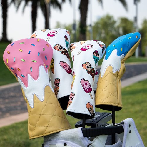 Golf Wood Head Covers Driver Cover 3 Wood Headcover Hybrid Head Covers Embroidery Ice Cream Skull Design Golf Club Headcovers Leather Hand-Made Wood Head Covers