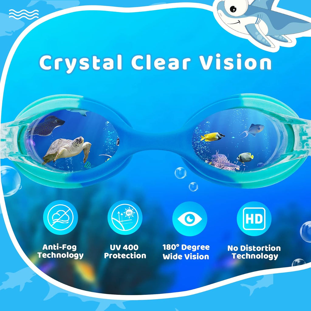 Vvinca Kids Swim Goggles with Fabric Strap No Tangle Pain-Free, Anti-Fog Swimming Pool Goggle No Leak for Toddlers Girls Boys