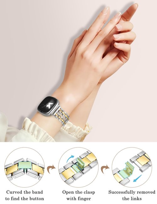 Wearlizer Metal Band Compatible with Fitbit Versa 4 Bands for Woman/Versa 3/Sense 2/Sense Bands Women, Dressy Chain Strap Designer Stainless Steel Bracelet Wristband