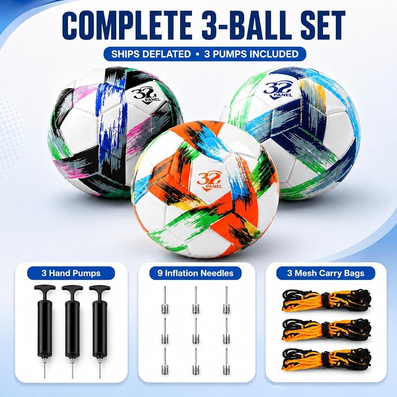 Soccer Ball Size 3/4/5 with Pump - Tri-Color PVC, 7.8in Diameter, Includes 3-Pack