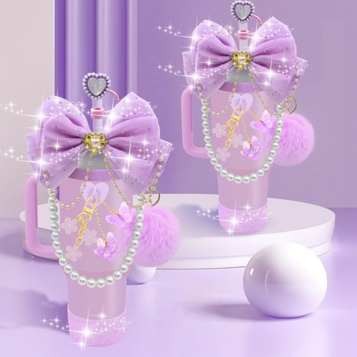 LBU Bling Stanley Cup Accessories for 40/30/20 oz Tumbler with Handle Including Glitter Bow Straw Topper, Heart Straw Cover, Pearl Water Bottle Handle Strap, Boot, Pom-Pom, Keychain Charms(Purple)