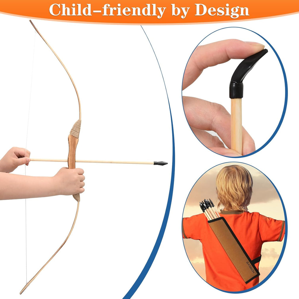 Skiennix Kids Bow and Arrow Set - 32-Inch Handmade Wooden Archery Toy for Ages 6-12 | Includes 10 Arrows, Quiver & Targets
