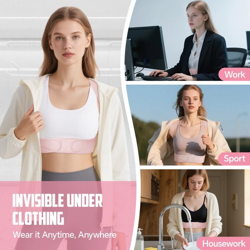 FHOCSLO Posture Corrector for Women, Adjustable Upper Back Brace to Relief Neck Shoulder Pain, Back Support Straightener for Scoliosis and Hunchback (Pink, L/XL)