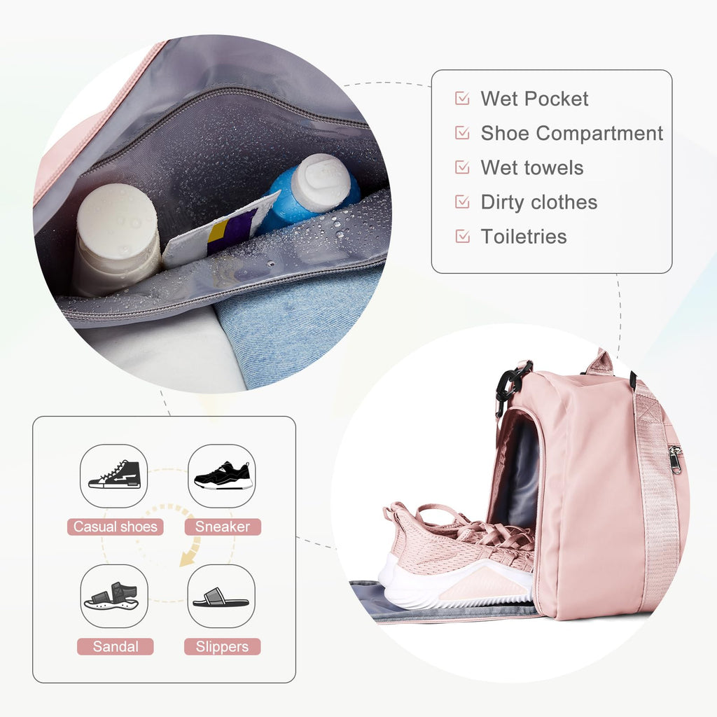 Gym Bag for Women Men with Shoes Compartment,Sports Duffle Bag Personal item travel Duffel Bags Tote Bag Small Carry on Weekender Overnight Bags Workout Dance Bag Hospital Holdalls Pink