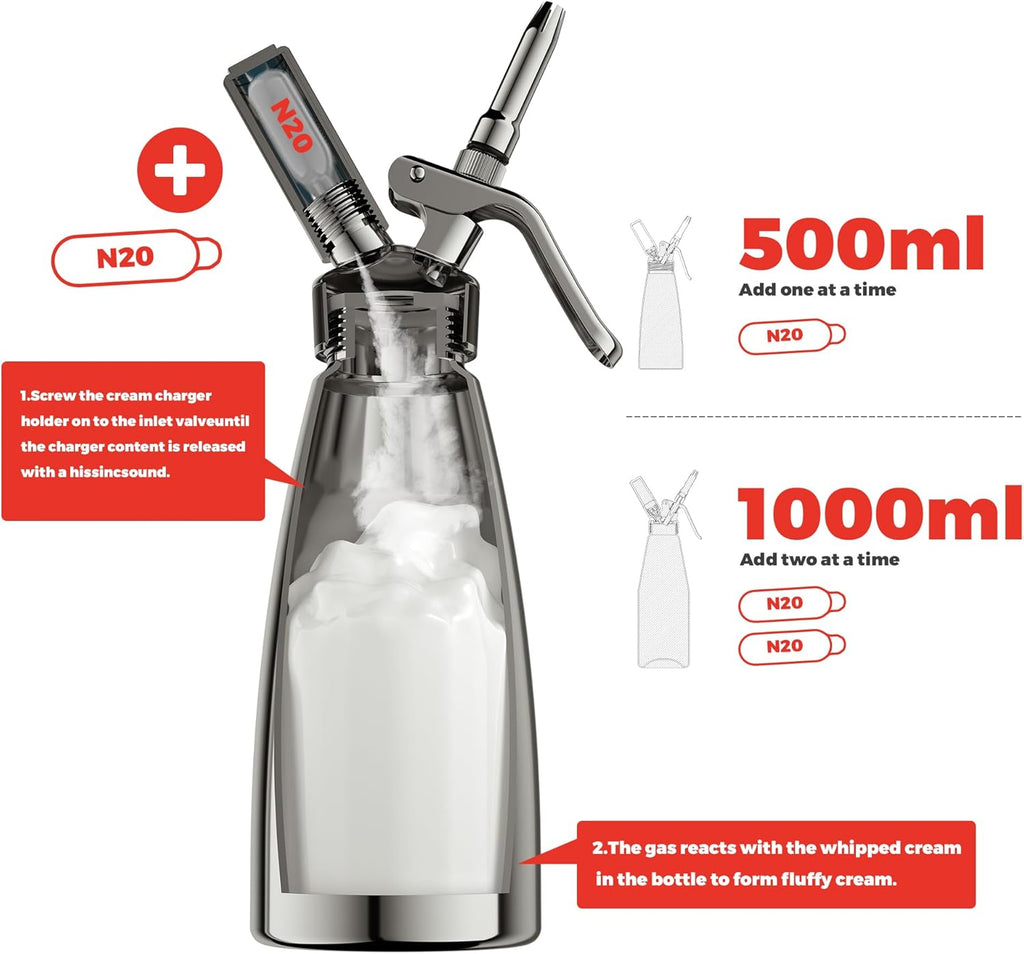 Skiennix Professional Aluminum Whipped Cream Dispenser - Leak-Free 500 mL Canister with 8 Nozzles & Brush | Silver