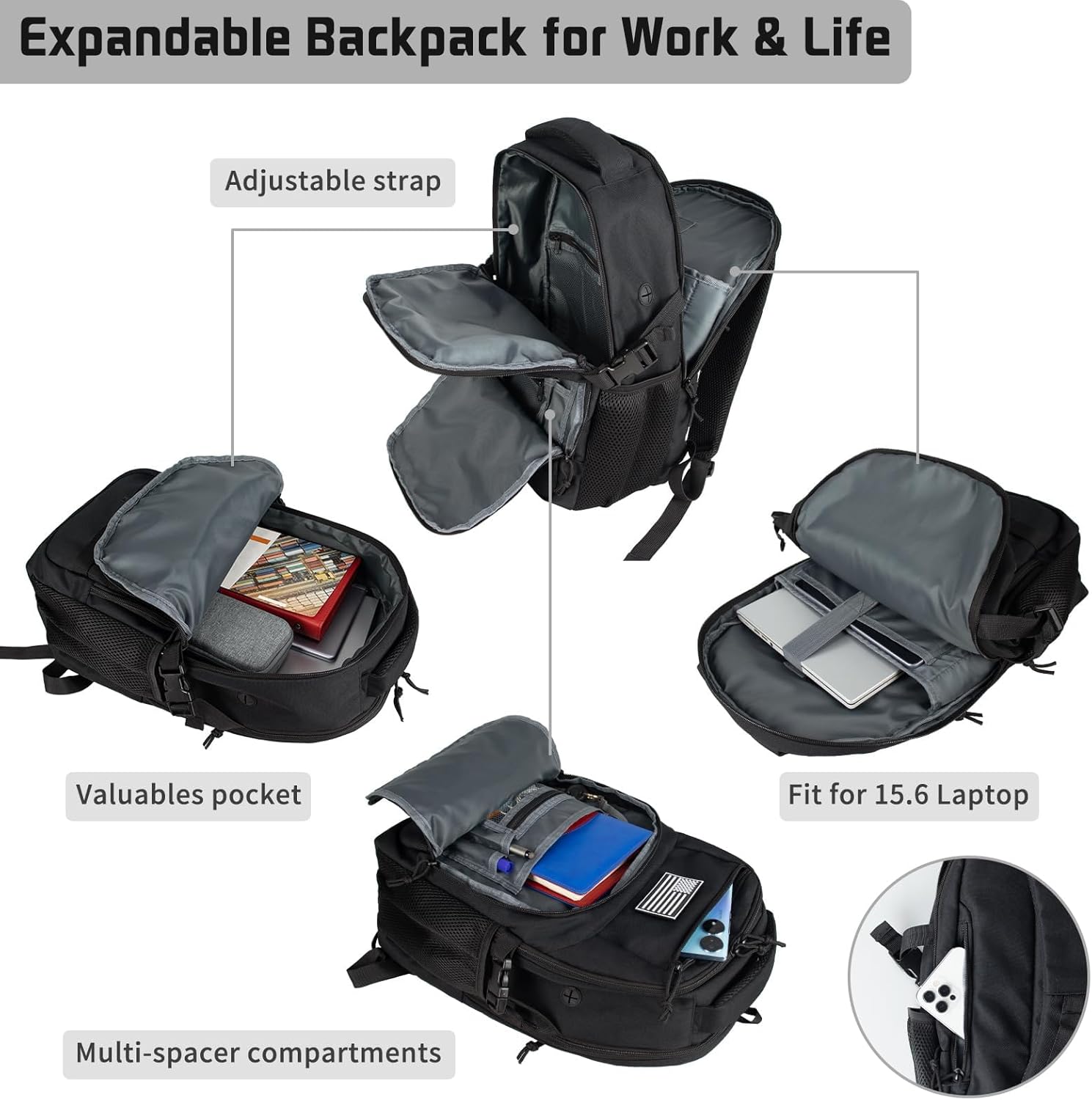 Skiennix 30L Military Tactical Backpack - Compact Molle Assault Bag for Hiking & Camping - Black with Water Pouches