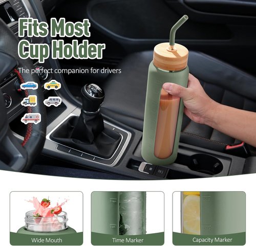 Kodrine 24 oz Glass Water Bottle - Bamboo Straw & Spout Lids with Handle | Time Marker for Sports & Travel