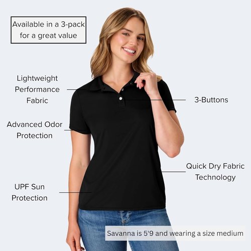 Hanes Women's Performance Polo - Moisture-Wicking Sport Shirt with 40+ UPF Protection | 3-Pack Option