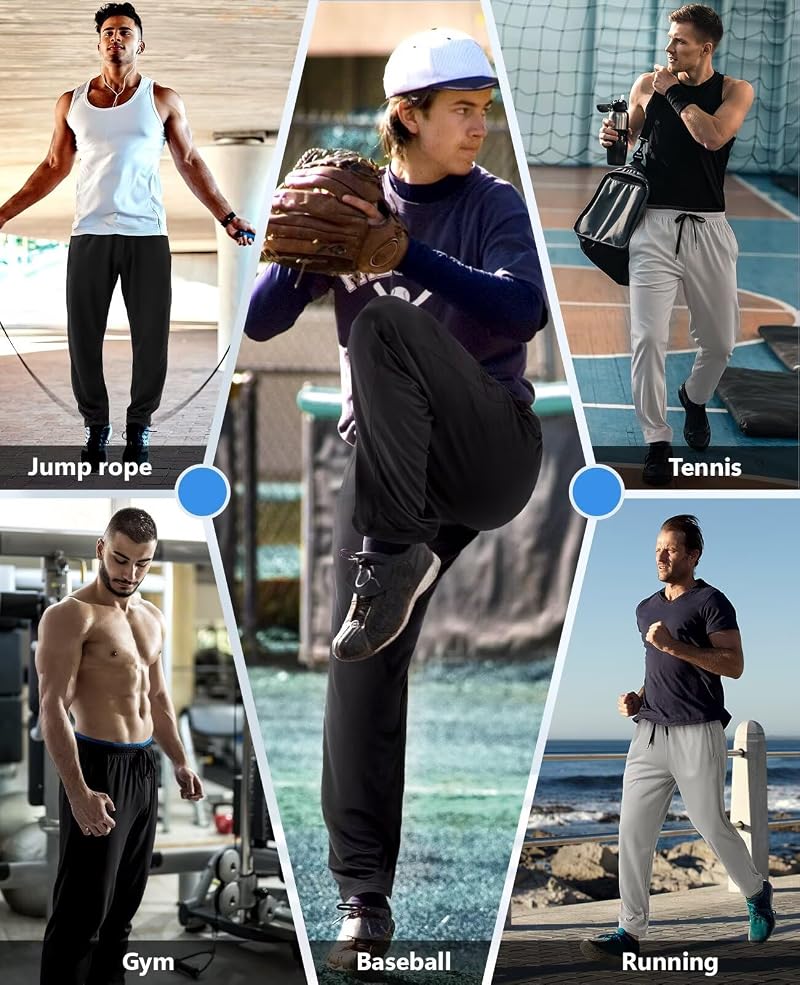 Mens Joggers 5 Pack with Zipper Pockets Open Bottom Mesh Athletic Pants for Running & Workout - Includes Black, Dark Gray, Light Gray
