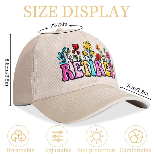 Flower Retired Hat, Floral Retirement Gifts for Woman, Adjustable Cotton Breathable Colorful Embroidered Baseball Cap