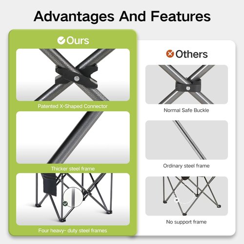 Green Party Folding Camping Chair - Oversized Heavy Duty with Cooler Bag & Cup Holder | Collapsible Padded Arm Chair