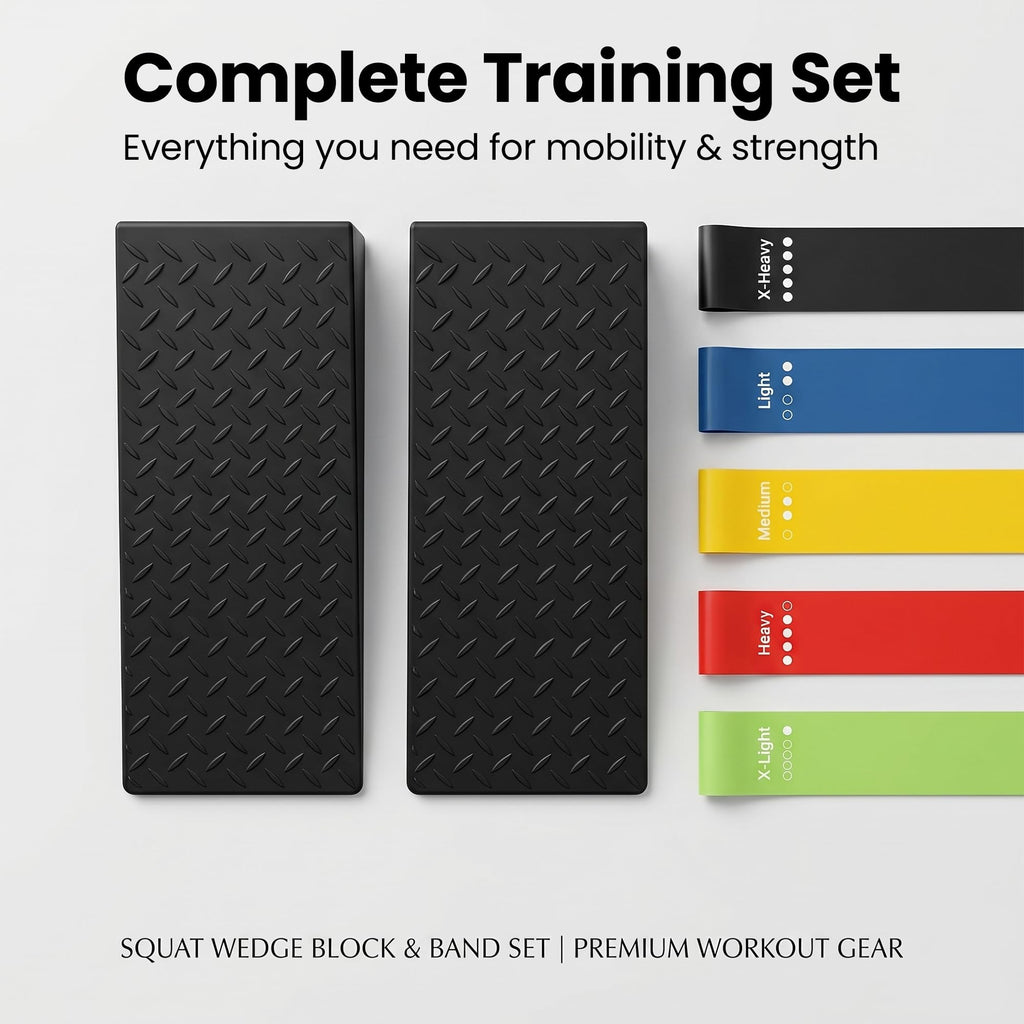 Squat Wedge Block | 2 PCs Non Slip Rubber Heel Elevated squat wedge for strength Training and Deep Squats| slant board for squats to improve ankle mobility with 5 resistance band
