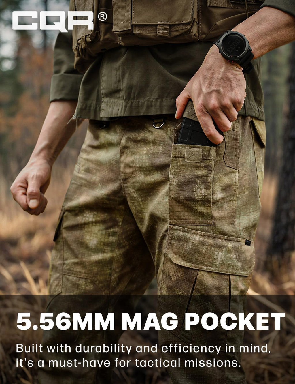 CQR Men's Tactical Pants, Water Resistant Ripstop Cargo Pants, Lightweight EDC Work Hiking Pants, Outdoor Apparel, Duratex Mag Pocket Print Fractal Camo, 40W x 34L