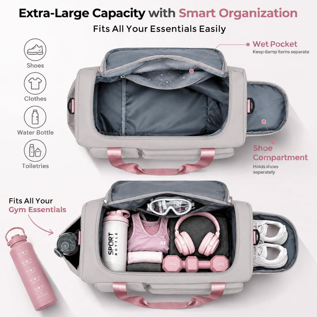 FIORETTO Women's Gym Duffle Bag with Shoes Compartment, 30L Capacity, Ideal for Travel, Gym, Sports, Duffel, Weekender, Grey & Pink