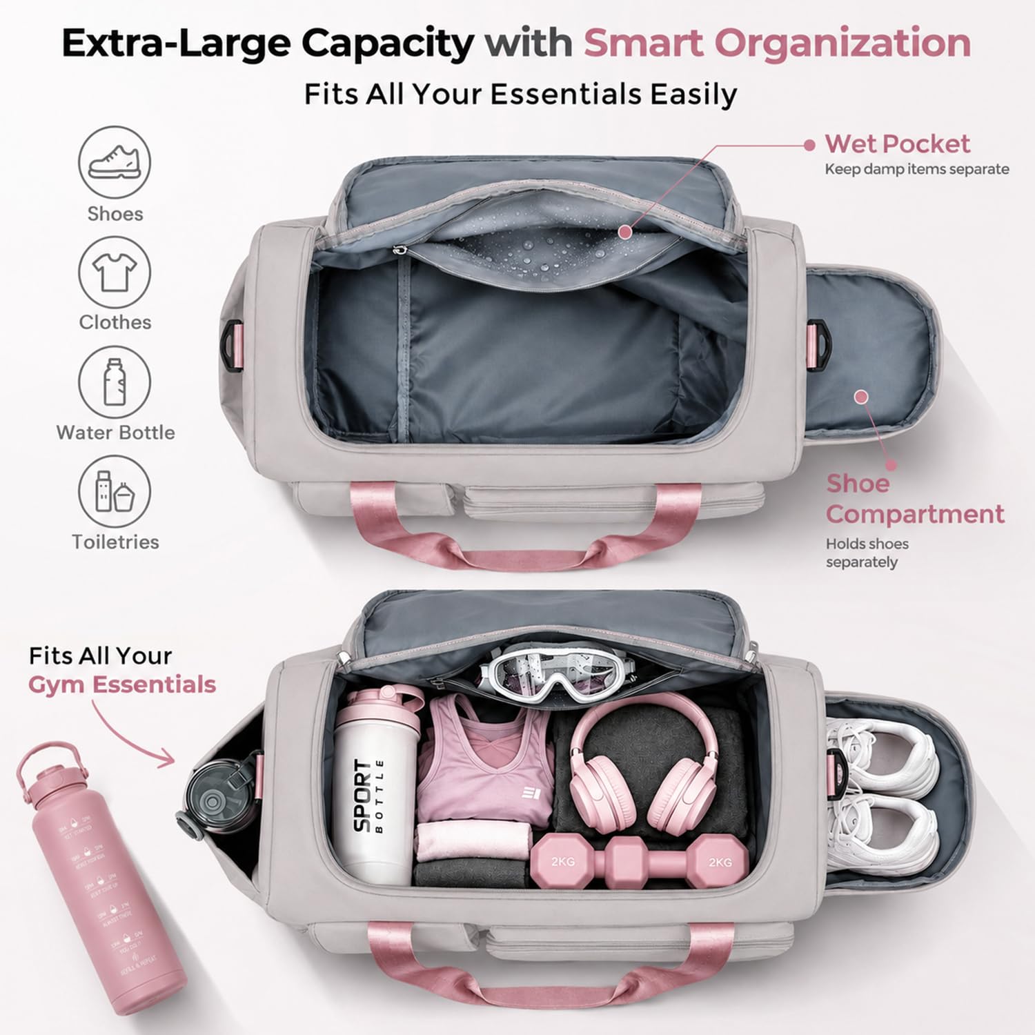 FIORETTO Women's Gym Duffle Bag with Shoes Compartment, 30L Capacity, Ideal for Travel, Gym, Sports, Duffel, Weekender, Grey & Pink