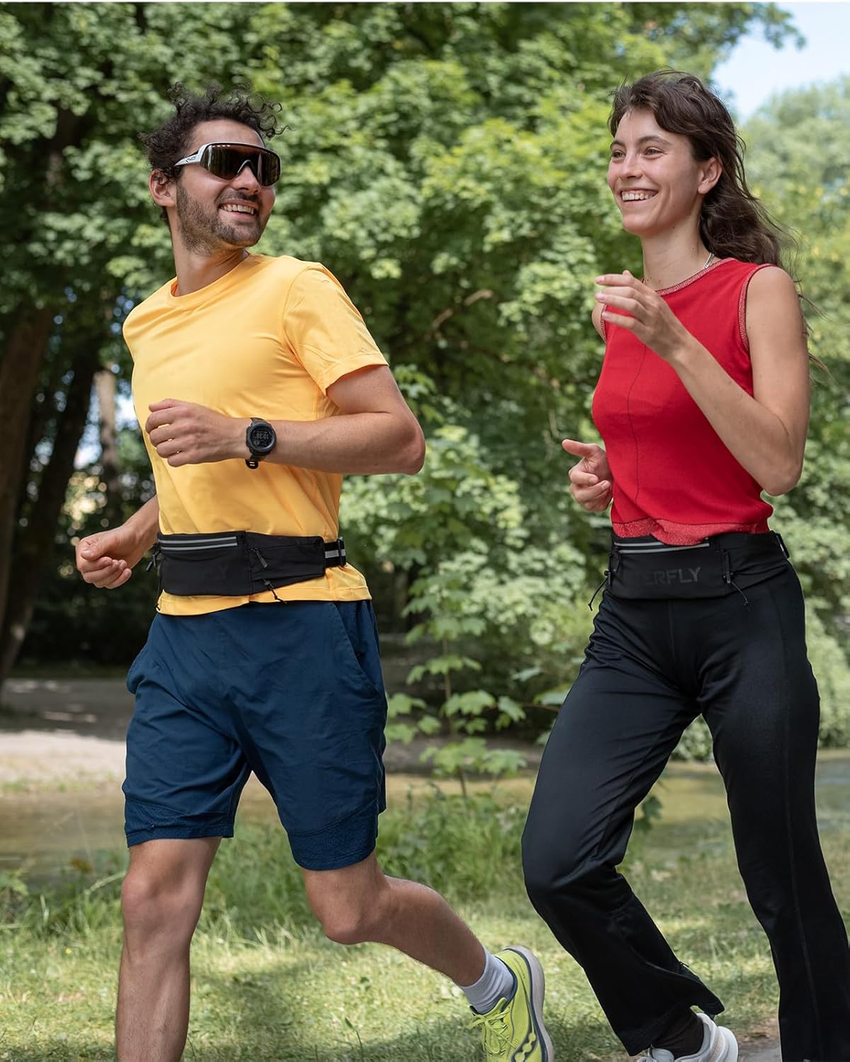 WATERFLY Running Belt - Breathable Fanny Pack with 3 Pockets for Fitness | Fits All Phones - Black