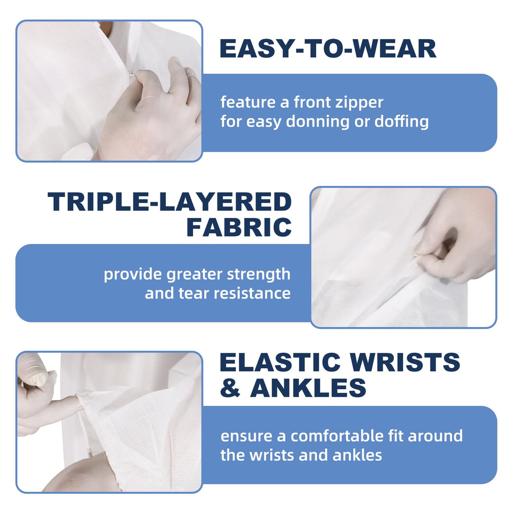 ETERNA Hazmat Suits- 5 Pack Disposable Protective Coveralls with Hood, Zipper, Elastic Wrists, Shoe Covers for Men & Women, Shield from Dirt, Dust, Paint (White, X-Large)
